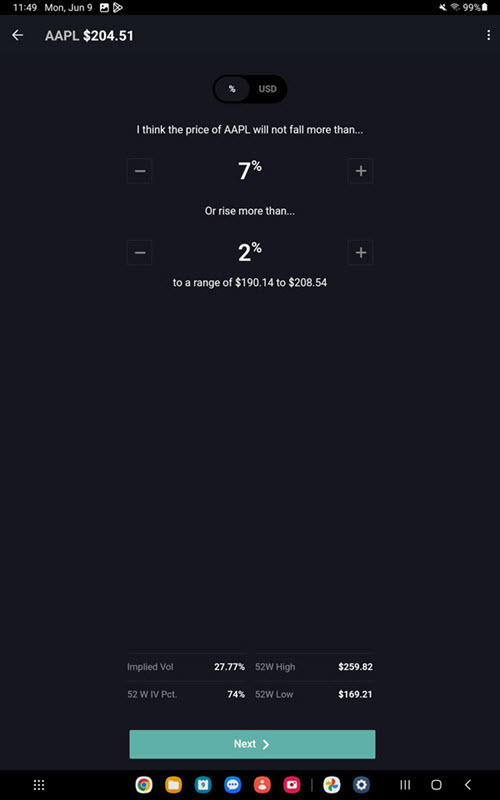 The options wizard forecast criteria on the Android Tablet